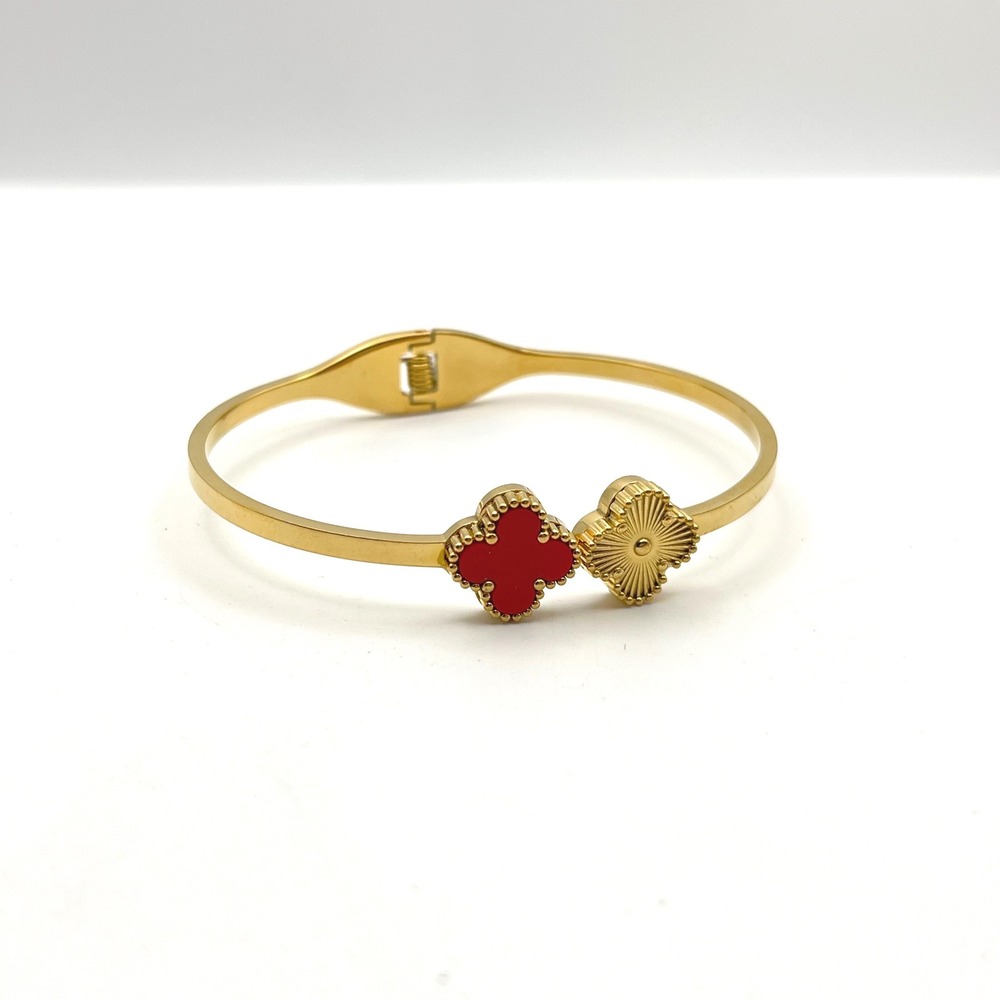 Gold Tone Red Enamel Double Clover Hinged Bangle Bracelet 6.75 Inch‎